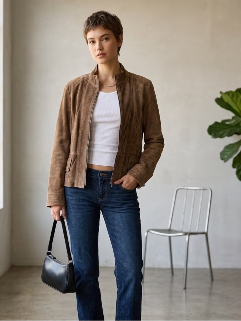 Vintage Y2K Brown Suede Leather Minimalist Zip Jacket - Medium